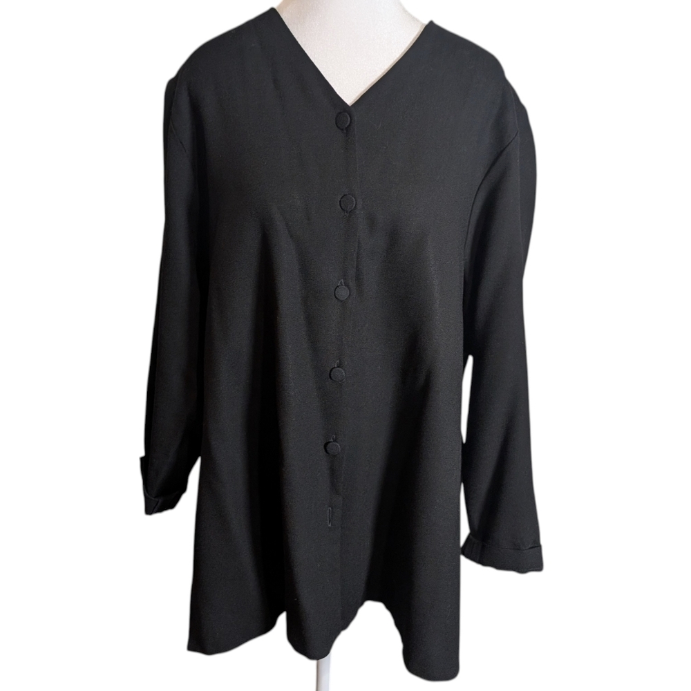 Eileen Fisher 100% Wool Button Front Black Long Sleeve Tunic Top Size Large‎